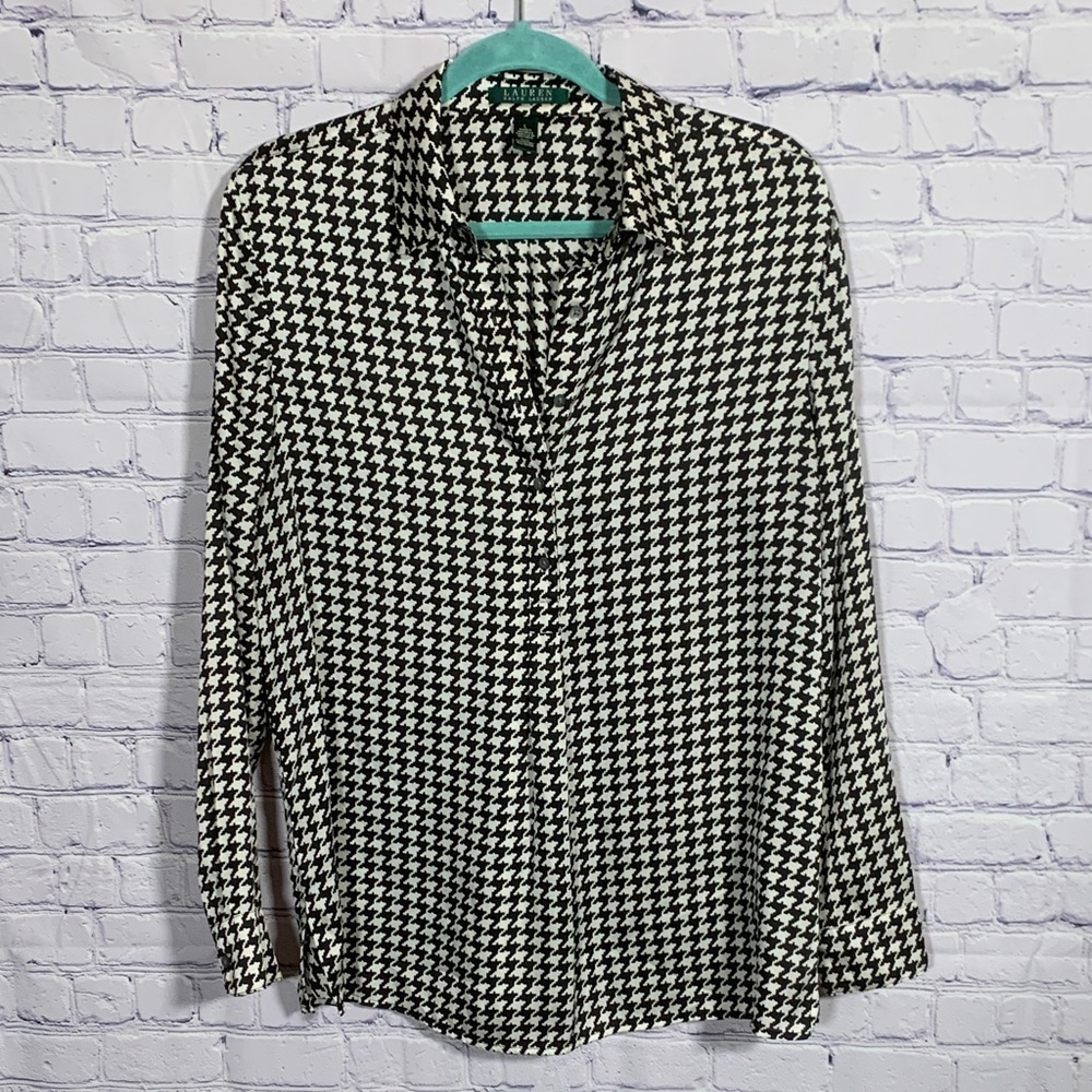 Lauren Ralph Lauren Womens Houndstooth Popover Top Black White Size L Preppy